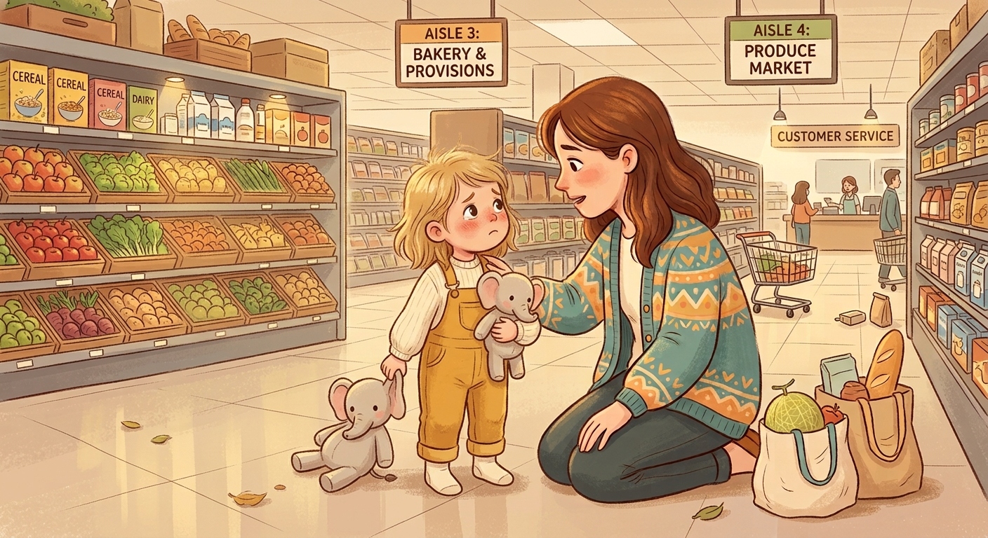 A parent calmly reconnects with a young child after a store meltdown while helping them talk through disappointment about a toy.
