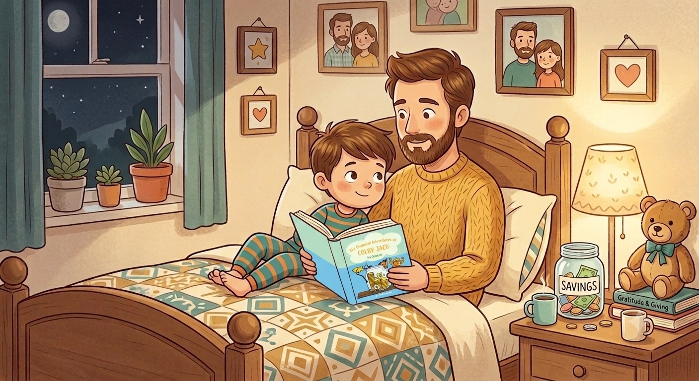 A parent reads with a child at bedtime while they talk about gratitude, choices, and simple money lessons in a calm nighttime routine.