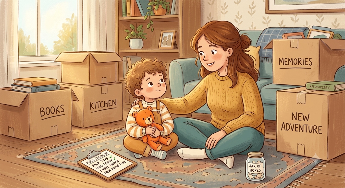 A parent and child sit together among moving boxes, having a calm conversation about family changes, money, and feeling safe during a transition.