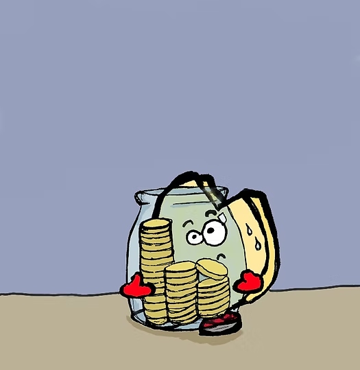 Mozza hugging his jar of coins