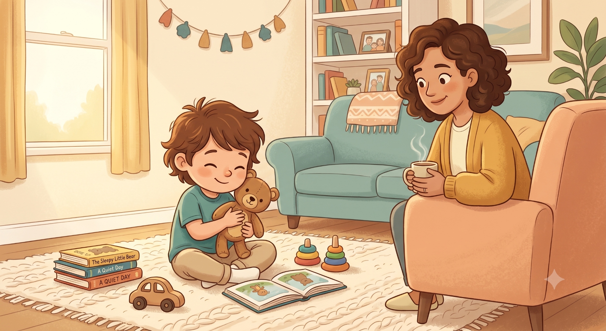 A child smiles contentedly at home with simple toys and family warmth, learning that happiness can come from enough, not always more.