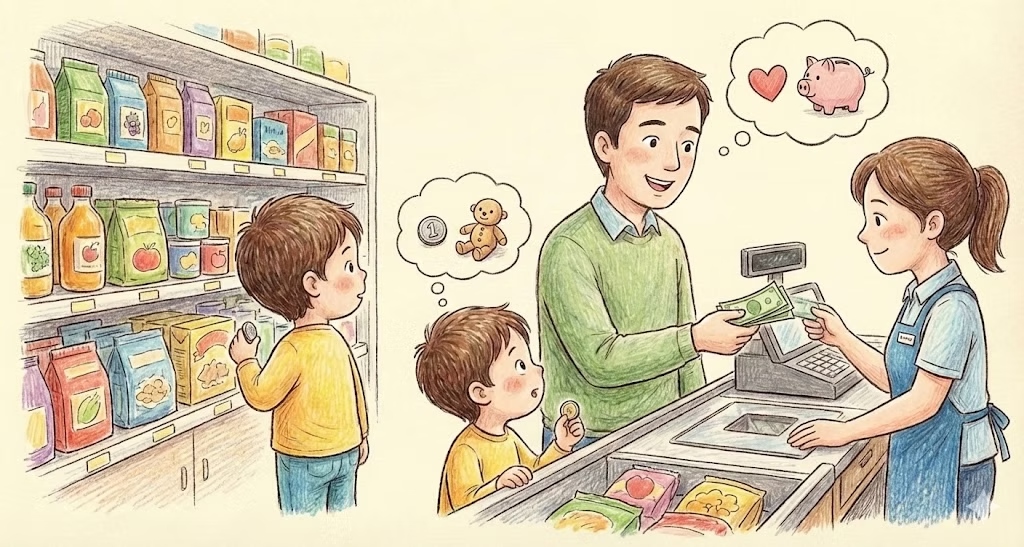 A parent and child talking about money during an everyday moment