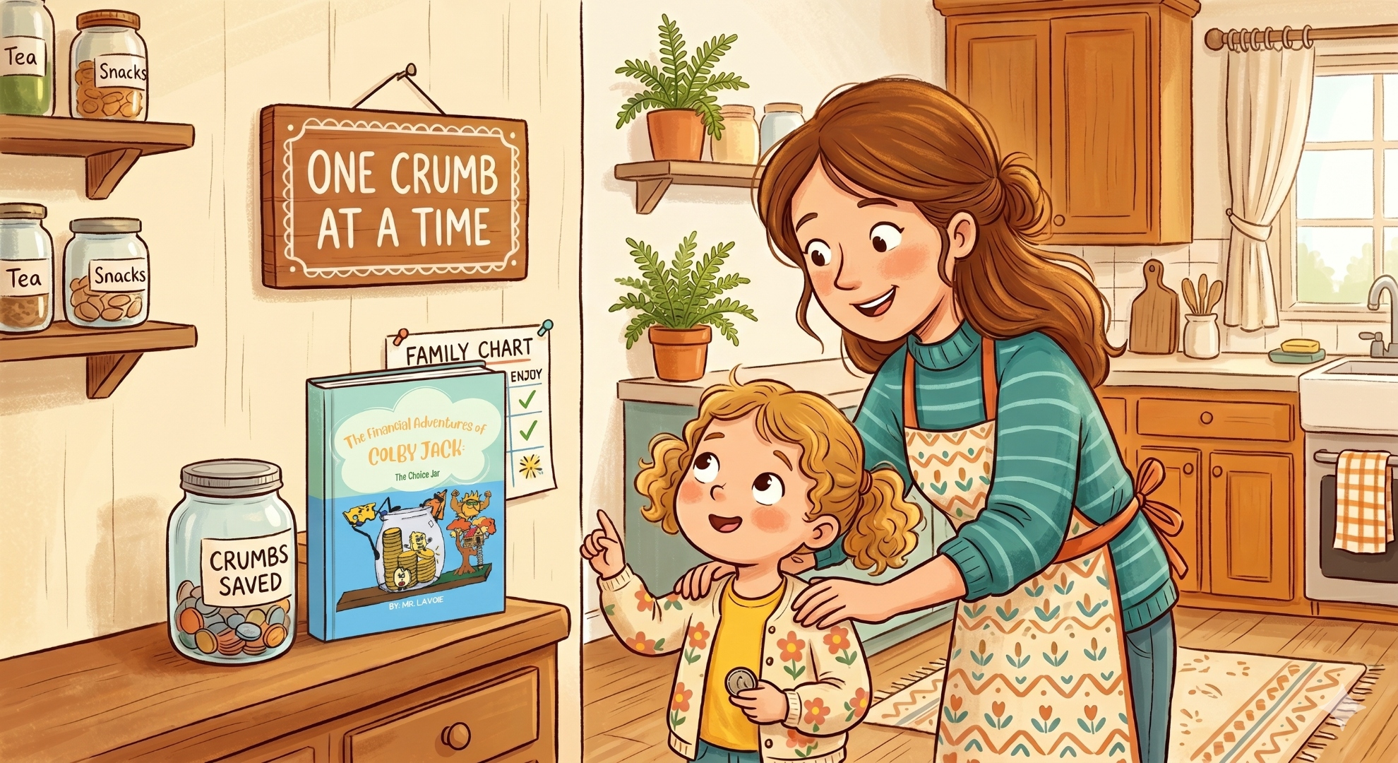 A parent and child talk about a simple family money motto that helps guide saving, spending, and sharing decisions at home.