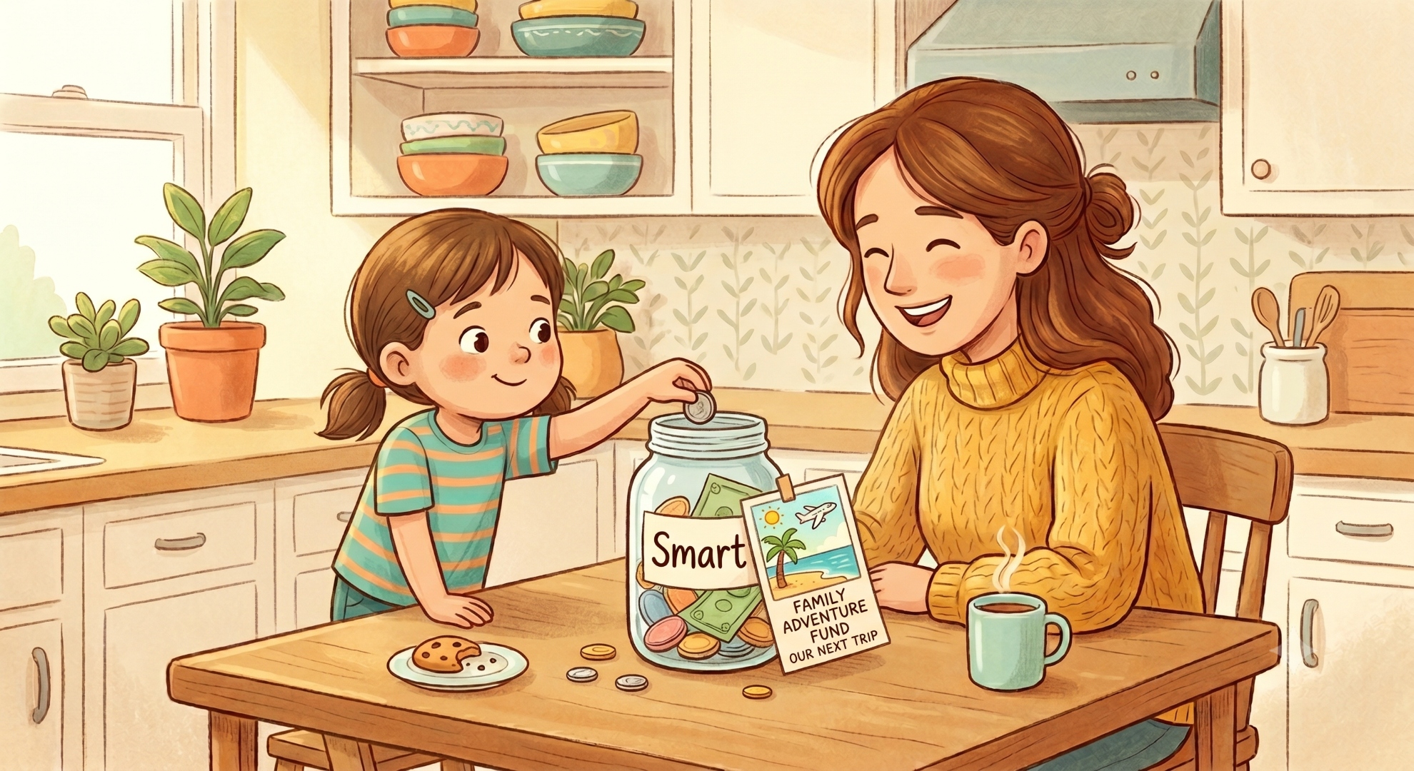 A child smiles while adding coins to a jar with a picture of a future goal, learning to save for their later self in a fun and simple way.