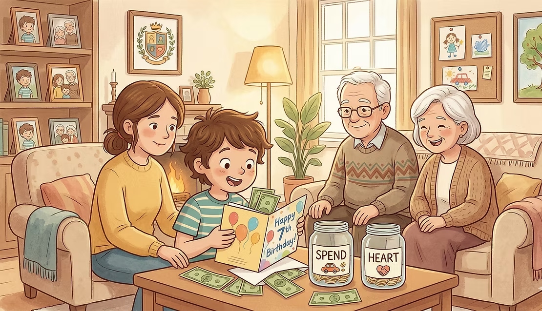 Grandparent giving birthday money to a child