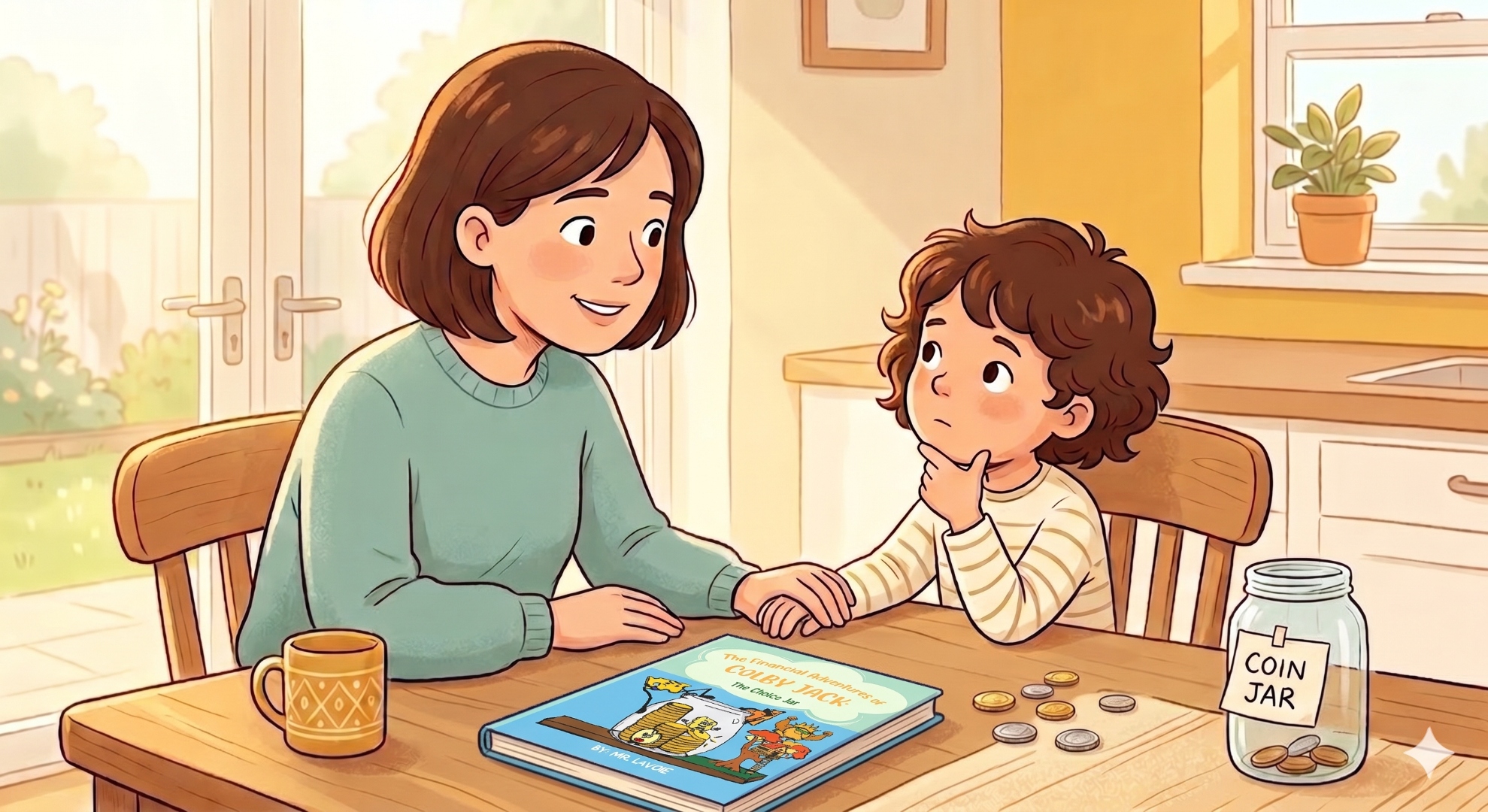 A parent sits calmly with a child at the kitchen table, having an honest and reassuring conversation about money during a financially tight season.