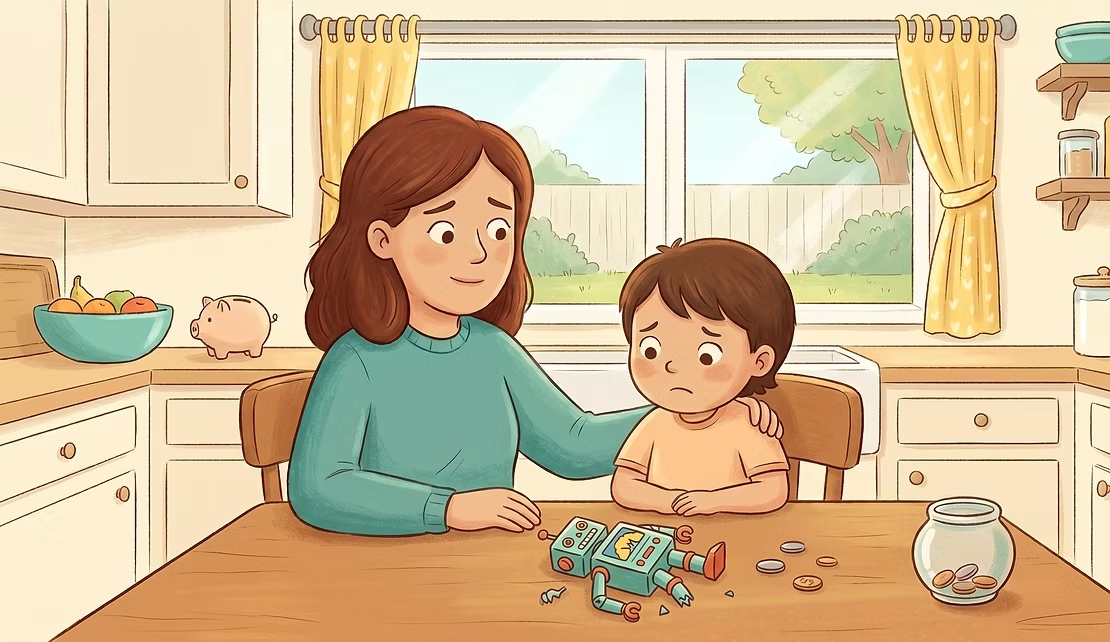 A parent comforting a child sitting at a kitchen table with a broken toy and coins