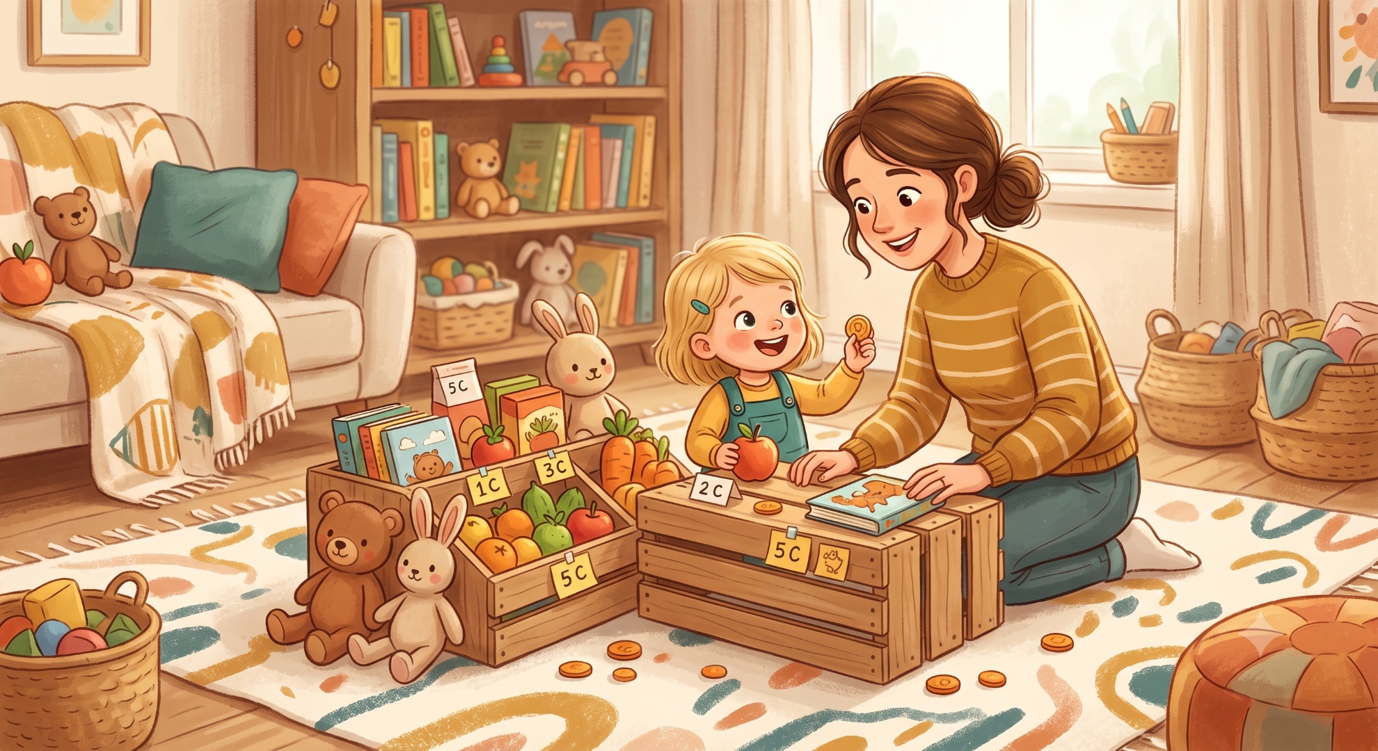 A parent and child play pretend store with toy food, coins, and simple price tags while learning about money through play.