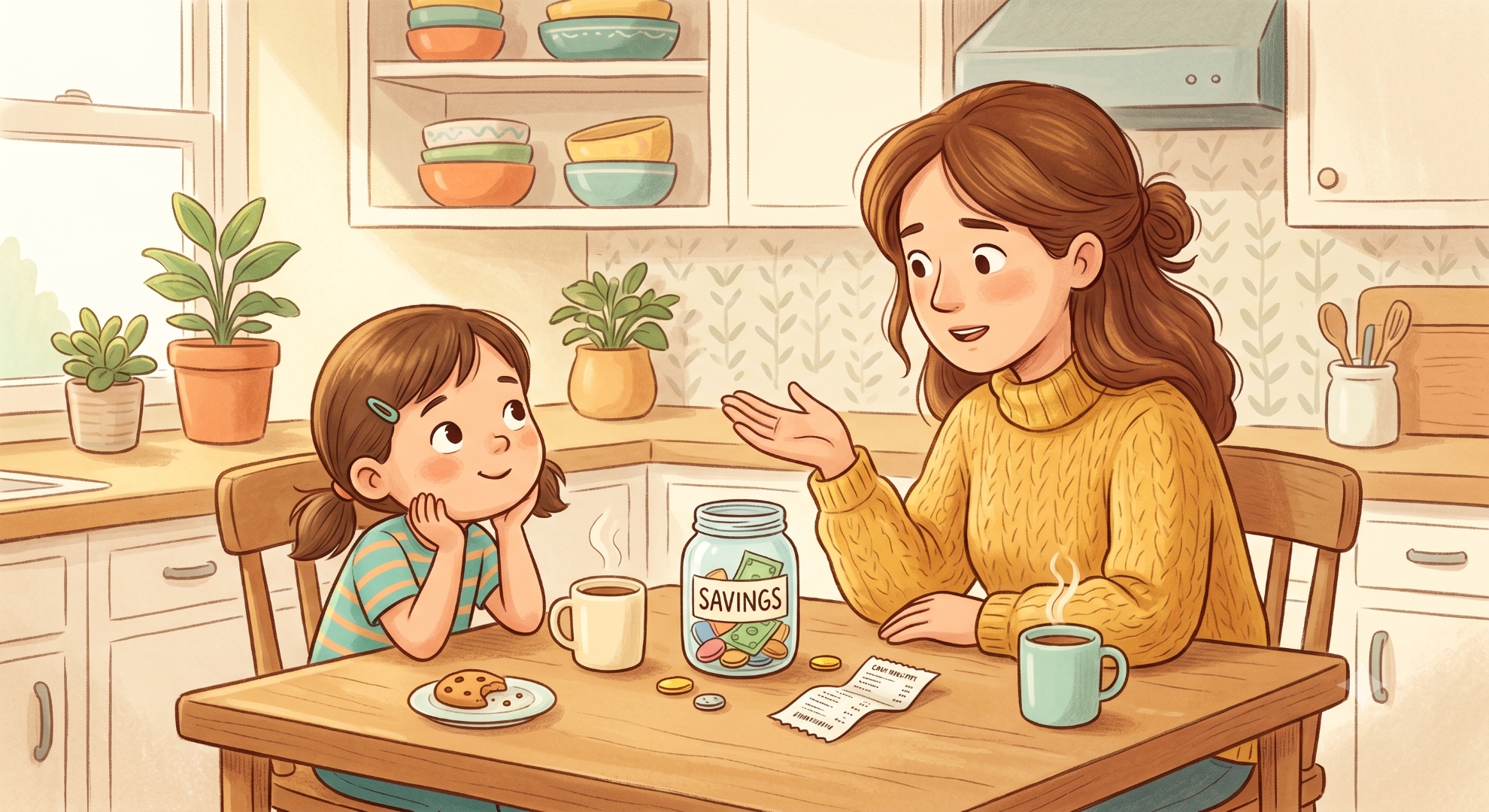 A parent sits calmly with a child and talks honestly about a money mistake, modeling responsibility, repair, and emotional safety.