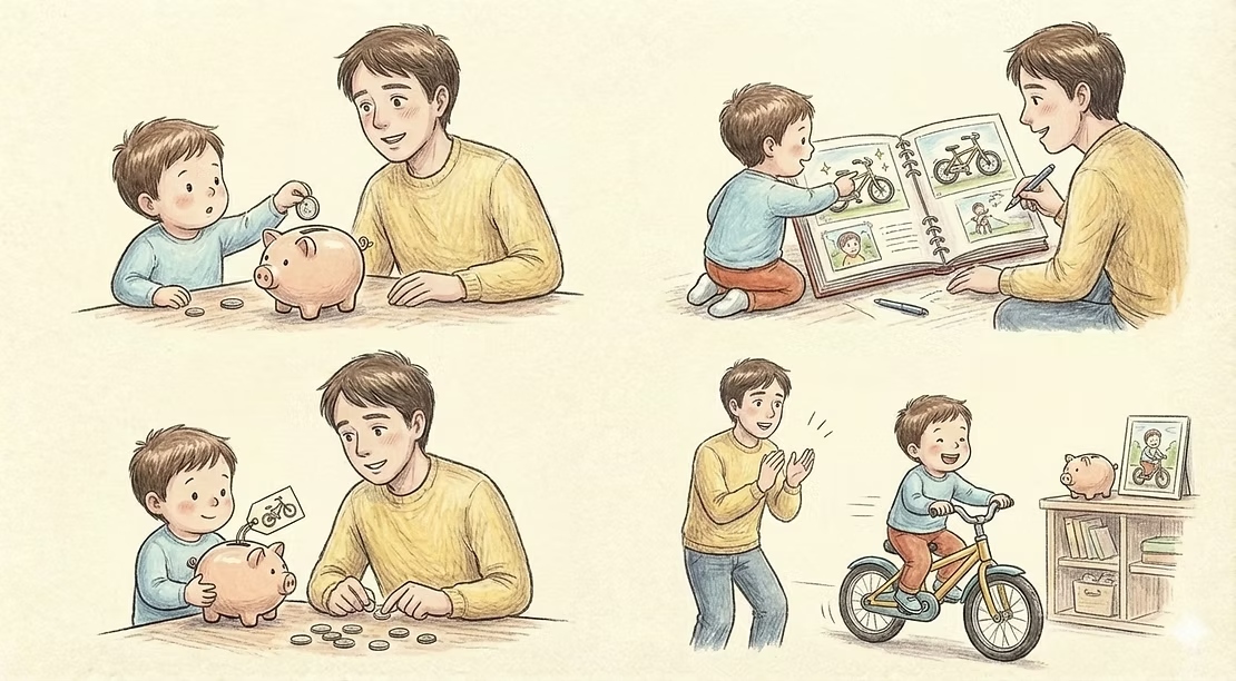 A child placing coins into a piggy bank with a savings goal in mind