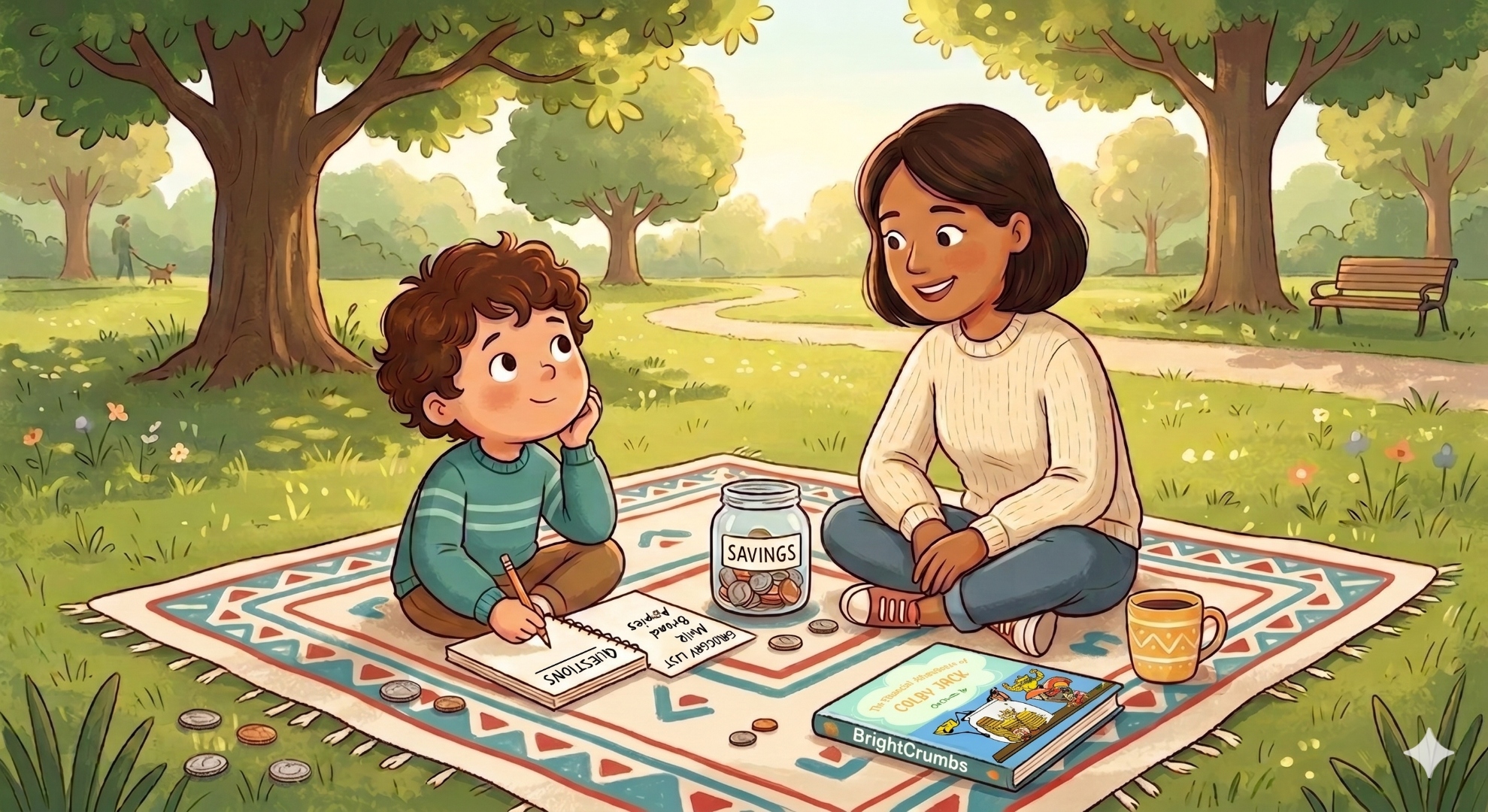 A parent listens carefully as a young child asks a question about money, creating a calm and safe conversation about spending and saving.
