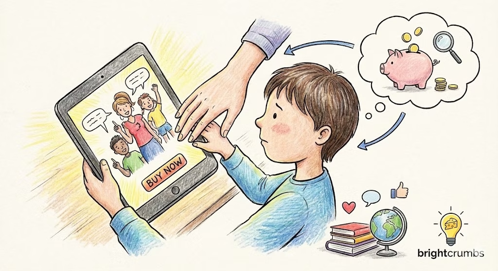 A child looking at a tablet with ads and buy now buttons