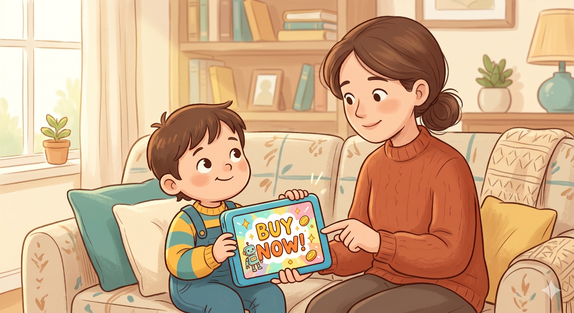 A parent helps a child using a tablet understand in-app purchases, online ads, and how to pause before spending money on a screen.