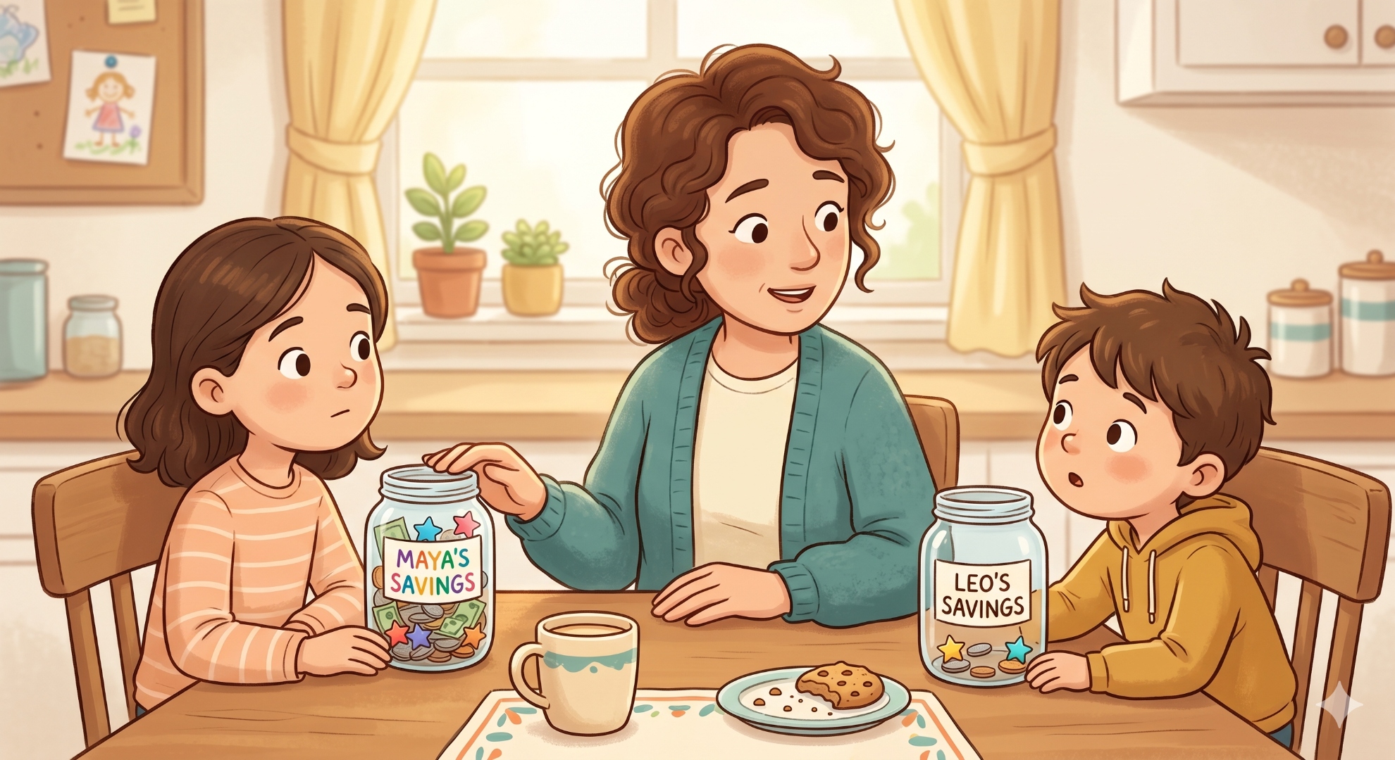 A parent calmly talks with two siblings who have different amounts of money in their jars, teaching them about fairness, age, and responsibility.