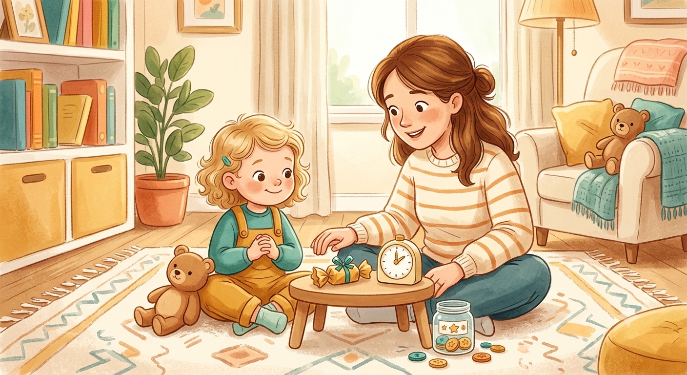A parent helps a young child wait patiently for a treat while using a timer and a small savings jar to make waiting feel positive.