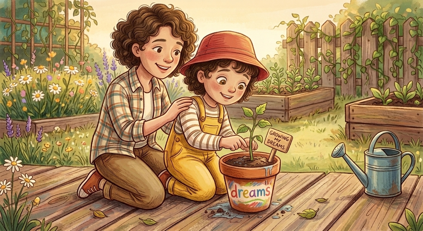 A young child plants a seed beside a small jar of coins, learning that money can grow over time just like a garden.