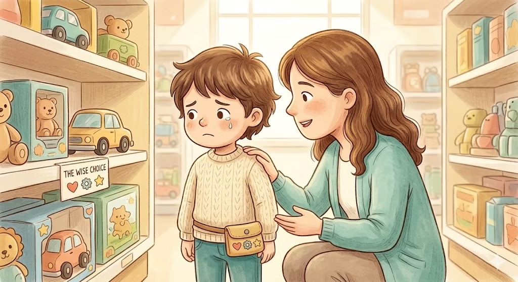 Parent calmly saying no to a child at a store