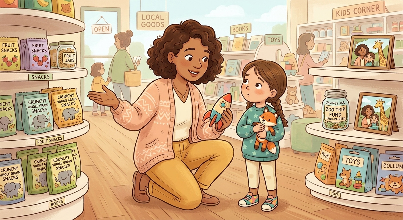 A parent helps a young child compare a toy, snack, and family activity while explaining that families do not buy everything they can afford.